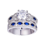 White CZ & Sapphire Solid Real 925 Sterling Silver Ring Set