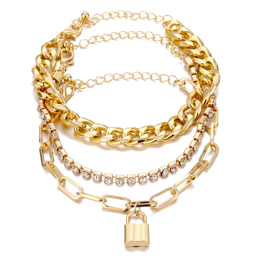 Experience high-quality beauty with our Punk Heavy Metal Crystal Lock Pendant Bracelet Set! Crafted with durable metal and zinc alloy, this eye-catching bracelet is sure to draw attention. It's perfect for the modern woman who loves unique fashion. Enjoy the link chain and special lock pendant for a look that's both timeless and cutting-edge. 