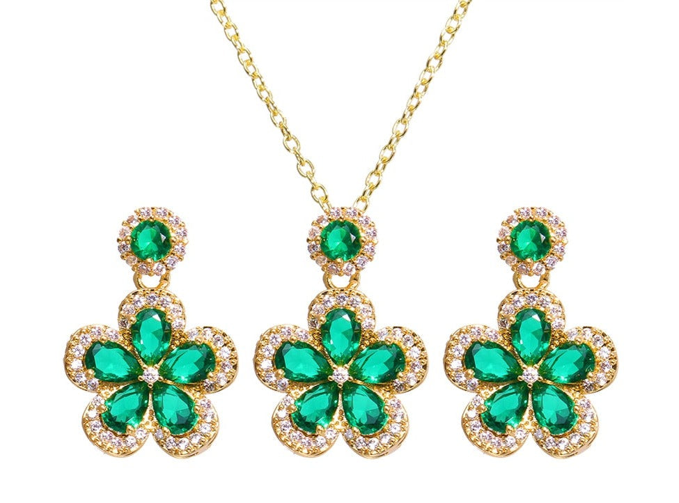 Bridal Exquisite Emerald Green Geometric Earring And Necklace Set